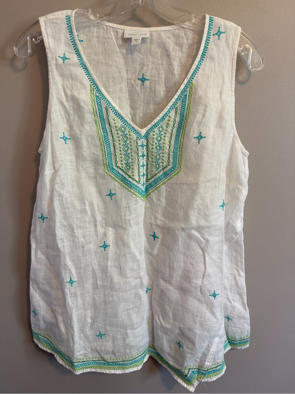 J. Jill Embroidered Linen Tank Top White Turquoise Beaded Sleeveless V Neck S